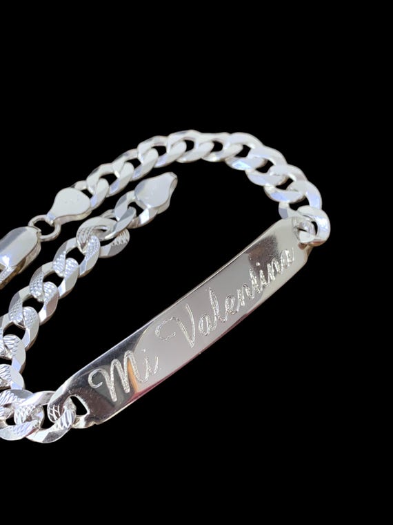 Solid 925 Italian Sterling Silver Diamond Cut Curb Cuban  925 Italy Sterling Silver ID chain bracelet engrave engraveable jewelry 8” gift main image 0
