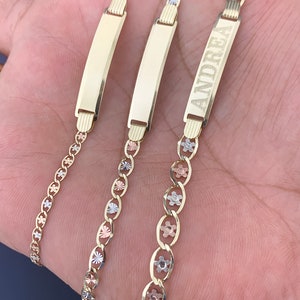 Pulsera de oro macizo real de 10 quilates con eslabones personalizados para niñas y bebés con identificación en forma de corazón y flores, con grabado gratuito