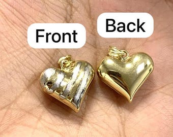 10K real Yellow Gold Heart Pendant Charm white and yellow gold  22mm Puffed Heart reversible Gifts for Her 10 Karat Real Gold