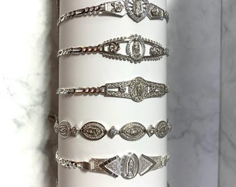 Solid Sterling 925 Silver Mother Mary Virgin Mary CZ Bracelet Figaro Italian Plata Esclava Religious 7.5 Inches Christmas Gift For Her