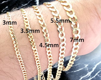 May include: Five gold chains of different widths, 3mm, 3.5mm, 4.5mm, 5.5mm, and 7mm, are displayed on a person's wrist.
