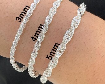 Real 925 Sparkling Sterling Silver Made In Italy Solid Rope Bracelet Anklet For Men Women Real Italian Silver