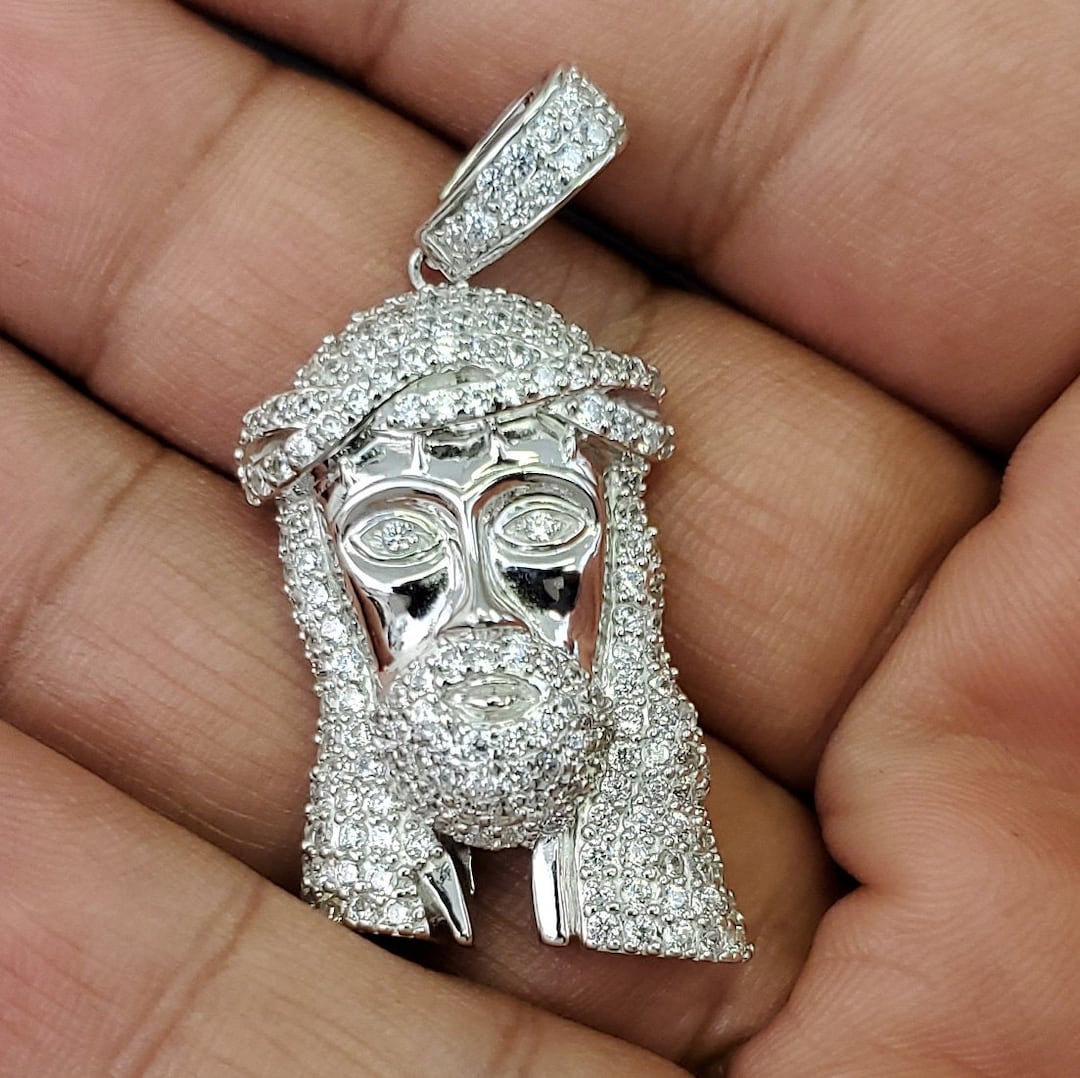 Real 925 Italian Sterling Silver Solid JESUS Face CZ Pendant Religious ...