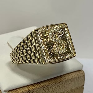 Mens Real Gold 10K Dollar Sign Money Solid Yellow Gold 10 Karat Ring Anillo Mens Jewelry Square