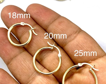 10K Solid Yellow Gold Hoop Plain High Polish Finish Small Medium Earrings for women 2mm