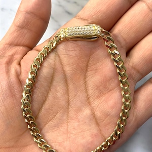 14k Solid Gold Monaco Link Chain With CZ Lock Womens Ladies Bracelet 5mm 14 karat Real Gold 7.5"