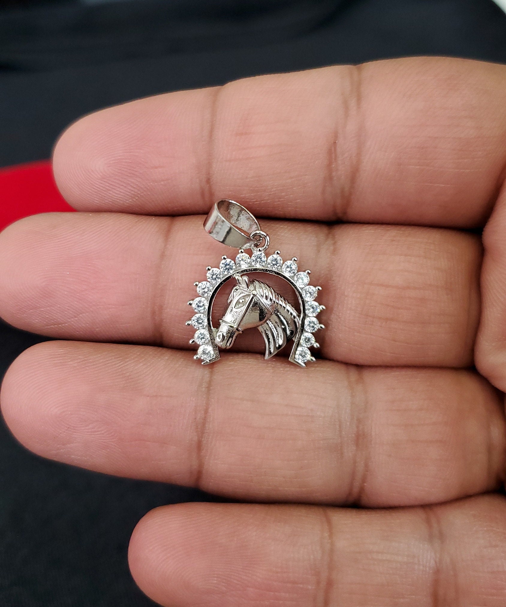 Pendentif Tête De Cheval En Argent Massif 925 Avec Chaîne - Bijou Ancien - Occasion à Détails