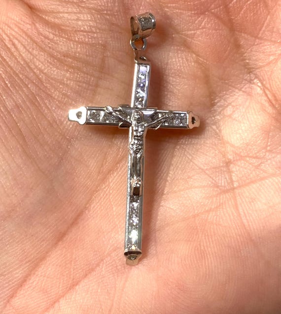 10k Solid Real White Gold Cross With CZ and Jesus Religious Gold