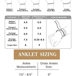K&ouml;nnte beinhalten: Eine Gr&ouml;&szlig;entabelle f&uuml;r Armb&auml;nder und Fu&szlig;kettchen. Die Tabelle zeigt die Handgelenks- und Armbandgr&ouml;&szlig;en in Zoll f&uuml;r verschiedene Kategorien, darunter Babys/Kleinkinder, Jugendliche/kleine Frauen, durchschnittliche erwachsene Frauen, durchschnittliche erwachsene M&auml;nner und gr&ouml;&szlig;ere erwachsene M&auml;nner. Sie enth&auml;lt auch eine Tabelle f&uuml;r Fu&szlig;gelenksmessungen in Zoll und entsprechende Fu&szlig;kettchengr&ouml;&szlig;en in Zoll.