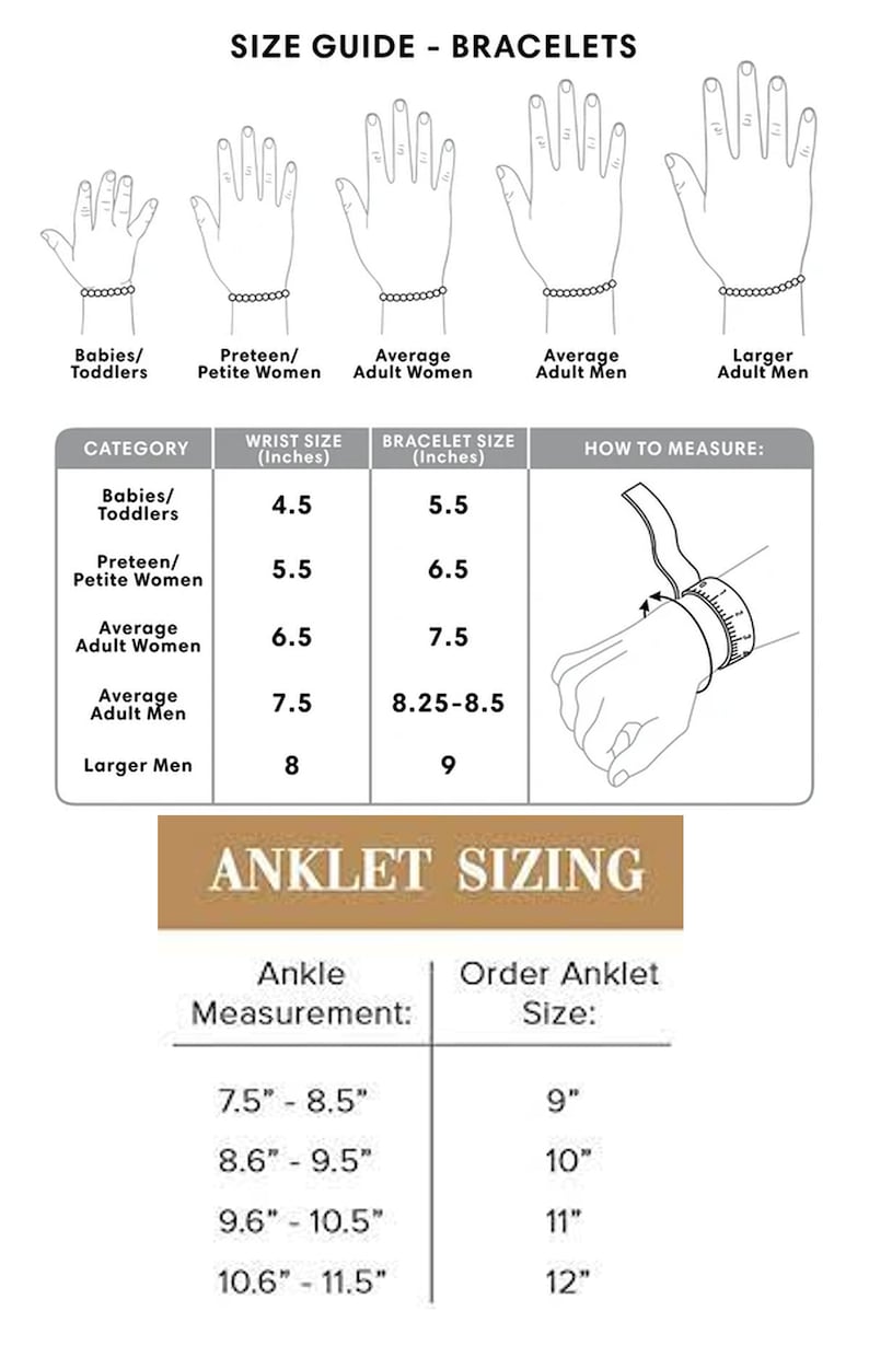 K&ouml;nnte beinhalten: Eine Gr&ouml;&szlig;entabelle f&uuml;r Armb&auml;nder und Fu&szlig;kettchen. Die Tabelle zeigt die Handgelenks- und Armbandgr&ouml;&szlig;en in Zoll f&uuml;r verschiedene Kategorien, darunter Babys/Kleinkinder, Jugendliche/kleine Frauen, durchschnittliche erwachsene Frauen, durchschnittliche erwachsene M&auml;nner und gr&ouml;&szlig;ere erwachsene M&auml;nner. Sie enth&auml;lt auch eine Tabelle f&uuml;r Fu&szlig;gelenksmessungen in Zoll und entsprechende Fu&szlig;kettchengr&ouml;&szlig;en in Zoll.
