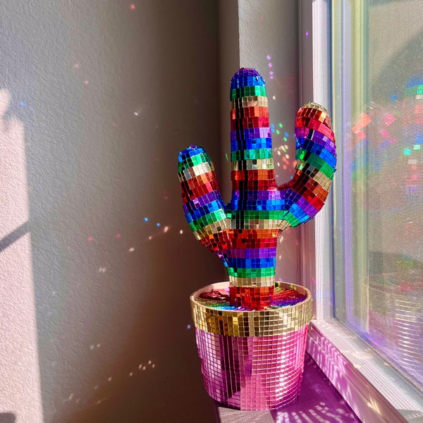 Disco Rainbow Cactus • Pride Cactus • Handmade • Glass Mirror Mosaic Tiled • Home Decor