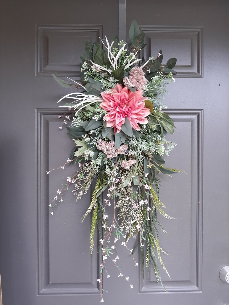 Teardrop Wreath for Front Door Spring Pink Dahlia Floral Etsy