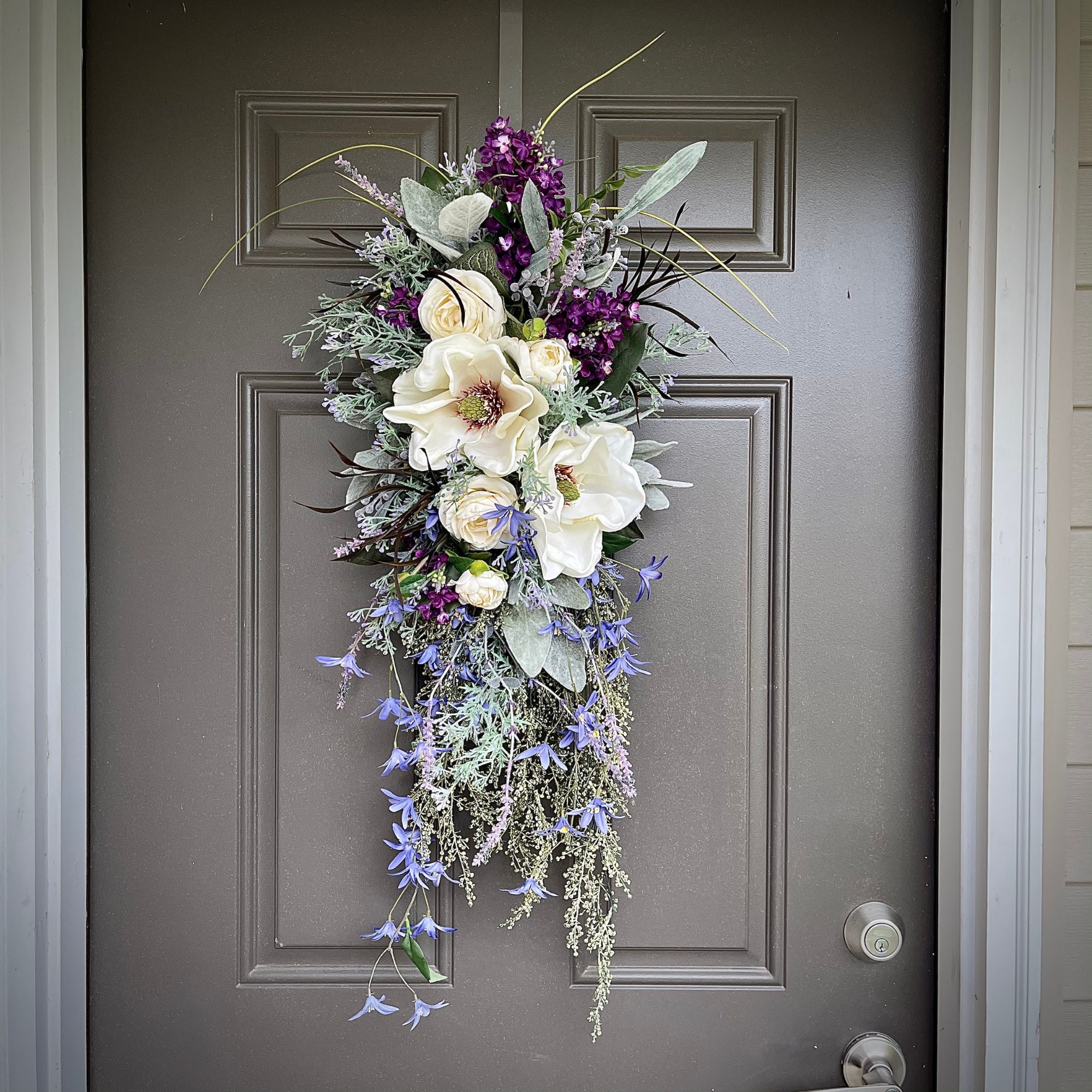 Floral Front Door Teardrop Wreath Purple Spring Door Swag Etsy
