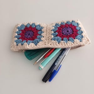 Crocheted multicolored granny squares pencil case, Crocheted school pencil case, Handmade cotton pouch, Makeup bag