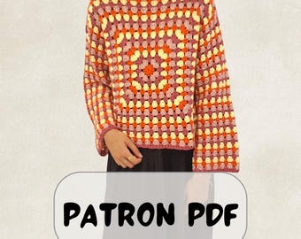 Easy crochet granny square long-sleeved top pattern, PDF pattern file for women's sizes XSS - 5XL, Crochet top pattern