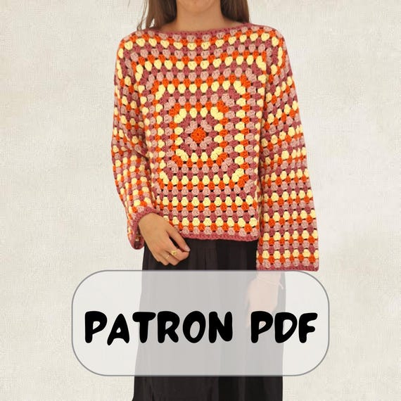 Modèle facile de haut manches longues carré granny au crochet, Fichier PDF de modèle pour femmes tailles XSS - 5XL, Modèle top au crochet