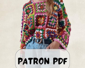 Easy crochet granny square sweater pattern, PDF pattern file for women's sizes XSS - 5XL, Crochet sweater pattern
