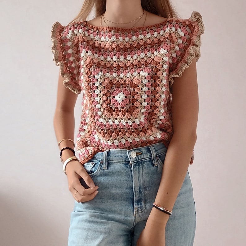 Easy crochet granny square summer top pattern, PDF pattern file for women's sizes XSS - 5XL, Crochet summer top pattern image 5