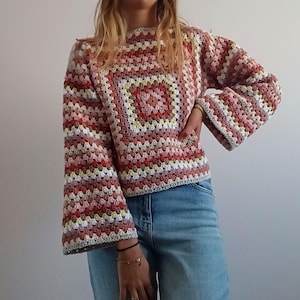 Easy Crochet Granny Square Long Sleeve Top Pattern, Women's PDF Pattern File Sizes XSS - 5XL, Crochet Top Pattern