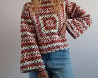 Easy Crochet Granny Square Long Sleeve Top Pattern, Women's PDF Pattern File Sizes XSS - 5XL, Crochet Top Pattern