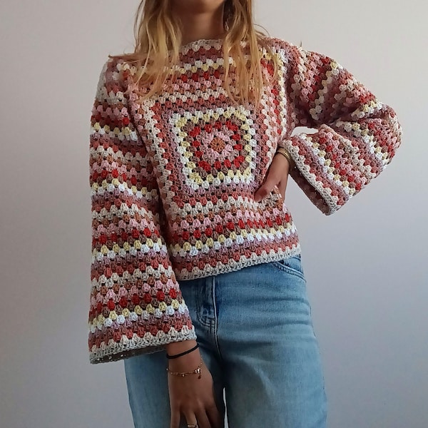 Easy Crochet Granny Square Long Sleeve Top Pattern, Women's PDF Pattern File Sizes XSS - 5XL, Crochet Top Pattern