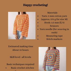 May include: A long-sleeve granny square top pattern document with text including Long-sleeve granny square top, Happy crocheting!, Materials, Estimated making time, Skill level, and Basic techniques required. Two photos show a colorful crochet top.