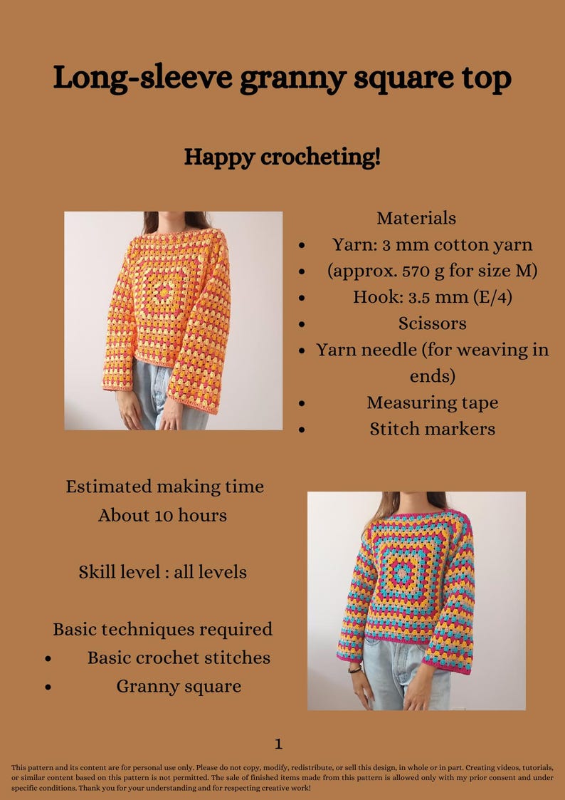 May include: A long-sleeve granny square top pattern document with text including Long-sleeve granny square top, Happy crocheting!, Materials, Estimated making time, Skill level, and Basic techniques required. Two photos show a colorful crochet top.