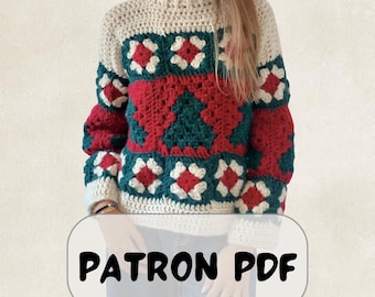 May include: A long-sleeved crochet sweater featuring a granny square pattern in cream, red, and dark green. The design includes a central dark green Christmas tree motif surrounded by red and cream squares. The text PATRON PDF is visible.
