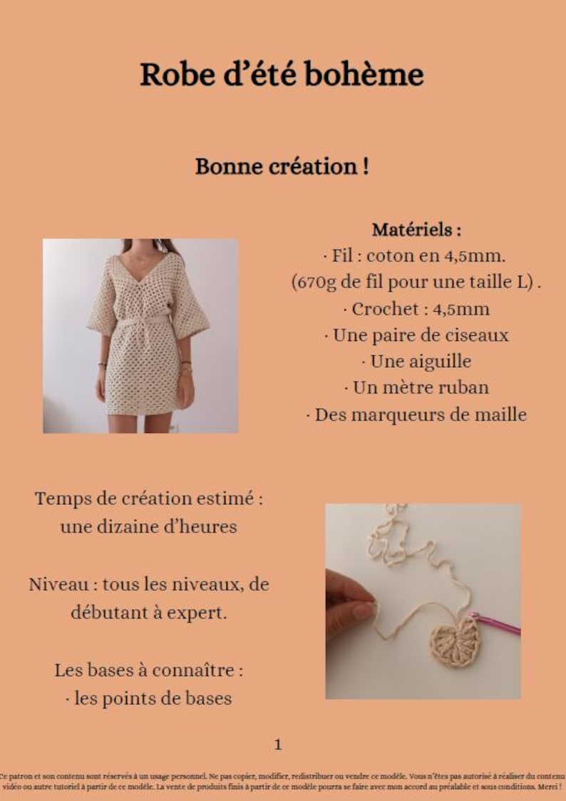 May include: A crochet pattern for a bohemian summer dress. The pattern includes instructions for making the dress, as well as a list of materials needed. The pattern is for all skill levels, from beginner to expert. The image shows a finished dress and a close-up of the crochet stitch.