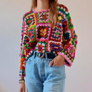 Modèle facile de Pull carrés grand-mères au crochet, Fichier PDF de modèle pour femmes tailles XSS - 5XL, Modèle Pull au crochet