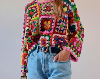 Easy crochet granny square sweater pattern, PDF pattern file for women's sizes XSS - 5XL, Crochet sweater pattern
