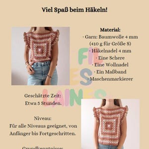 May include: A crochet pattern for a Granny-Square Summer Top. The top is a square design with a ruffled sleeve. The pattern includes a list of materials, including cotton yarn, a crochet hook, scissors, a yarn needle, a measuring tape, and stitch markers.