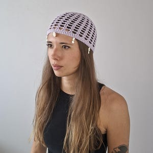 Purple crocheted mesh beanie in cotton and beads, Net knit beanie - One size