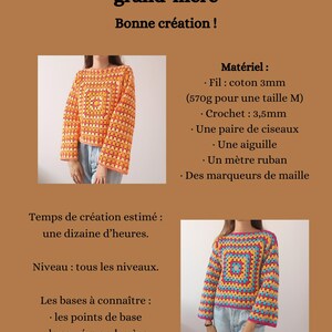 May include: A crochet pattern document titled Haut manches longues carr&eacute; grand-m&egrave;re featuring two photos of a long-sleeved sweater made from colorful granny squares in orange, yellow, pink, and blue, with a list of required materials and instructions.