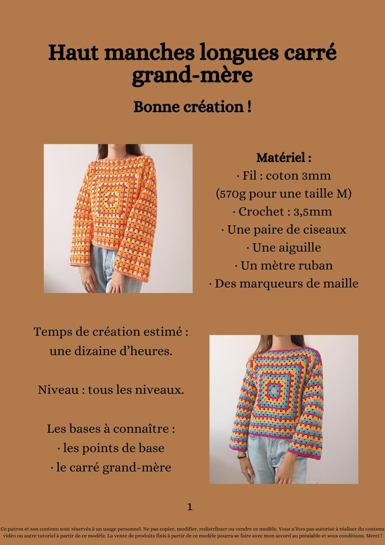 May include: A crochet pattern document titled Haut manches longues carr&eacute; grand-m&egrave;re featuring two photos of a long-sleeved sweater made from colorful granny squares in orange, yellow, pink, and blue, with a list of required materials and instructions.