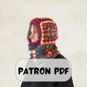 Modèle facile de Cagoule carrés grand-mères au crochet, Fichier PDF de modèle unisexe, Modèle Cagoule multicolore au crochet pour débutant