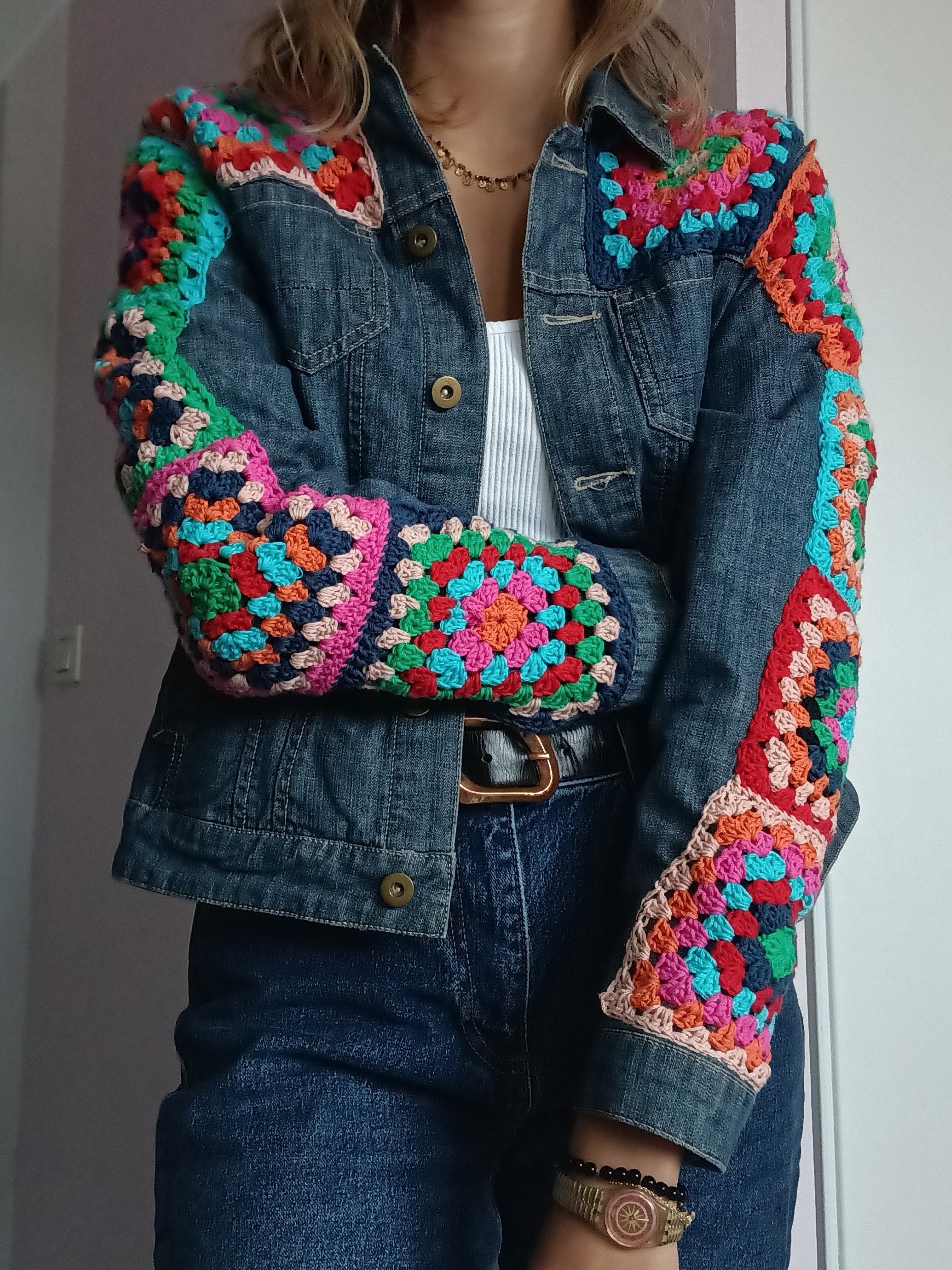 Veste en jean custom en crochet Etsy France