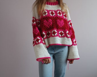 Pull cœurs Saint-Valentin en crochet handmade