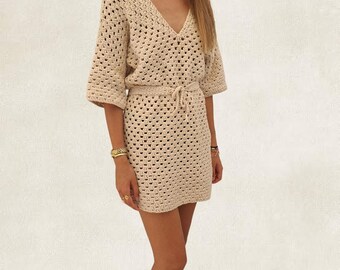 Boho crochet dress – Chic summer dress, 100% cotton – One size fits all – Handmade in France