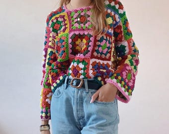 Einfaches Häkelmuster für Granny Square-Pullover, PDF-Musterdatei für Damengrößen XSS – 5XL, Häkelmuster für Pullover