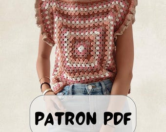 Easy crochet granny square summer top pattern, PDF pattern file for women's sizes XSS - 5XL, Crochet summer top pattern