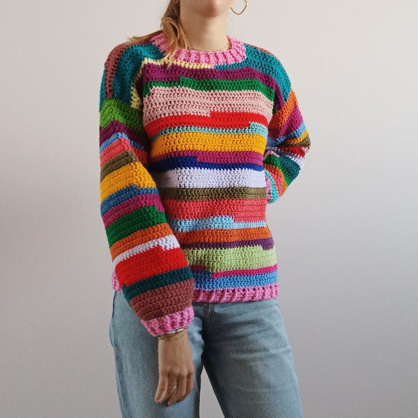 Pull multicolore en crochet, handmade