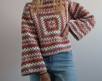 Einfaches Häkelmuster für langärmliges Oberteil im Granny Square-Stil, PDF-Musterdatei für Damen in den Größen XSS – 5XL, Häkelmuster für Oberteil