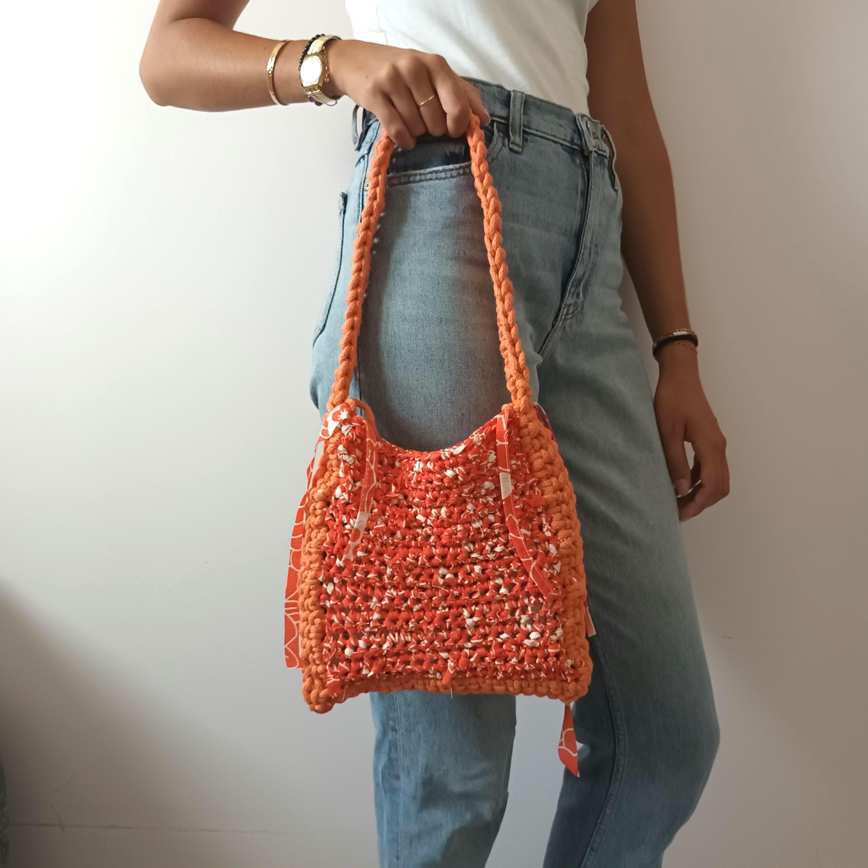 Small orange crochet handbag, Handmade upcycled handbag, Small colorful upcycled cotton bag, Crochet summer bag, Gifts