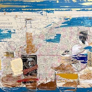 May include: Mixed media artwork featuring a vintage map of Kentucky and Tennessee with painted whiskey bottles. The artwork includes labels from brands like Yellowstone and Knob Creek, with blue and gold accents.