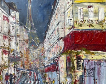 Eiffel Tower Oil Painting: Paris Street Scene, French Cafe Wall Art