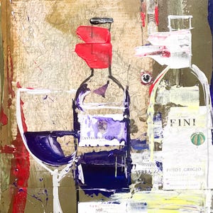 May include: Abstract painting of wine bottles and a glass filled with purple liquid. One bottle has a red top, and another is labeled "FINI Pinot Grigio". The background has a map-like texture with red, white, and yellow paint strokes.