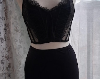 Black silk slip and black corset