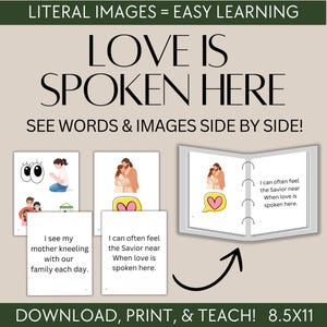 Puede incluir: Un póster educativo beige con el texto "LOVE IS SPOKEN HERE" y "SEE WORDS & IMAGES SIDE BY SIDE!". Incluye ilustraciones y texto, como "Veo a mi madre arrodillada con nuestra familia cada día."