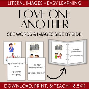 Könnte beinhalten: Eine visuelle Bildungsressource mit dem Text "LOVE ONE ANOTHER" und "SEE WORDS & IMAGES SIDE BY SIDE!". Das Bild enthält Illustrationen und Text aus der Bibel. Der untere Teil des Bildes lautet "DOWNLOAD, PRINT, & TEACH! 8.5X11".